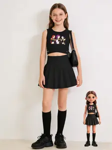 Teen Girls Casual Street Style 2-Piece Set, Fine Girls Outfit, Pure Color Kpop Print Criss-Cross Cut-Out Crop Top & Mini Skirt, Perfect for Summer Holidays, Skirts Sets, Summer Outfits Set, Summer Clothes Set