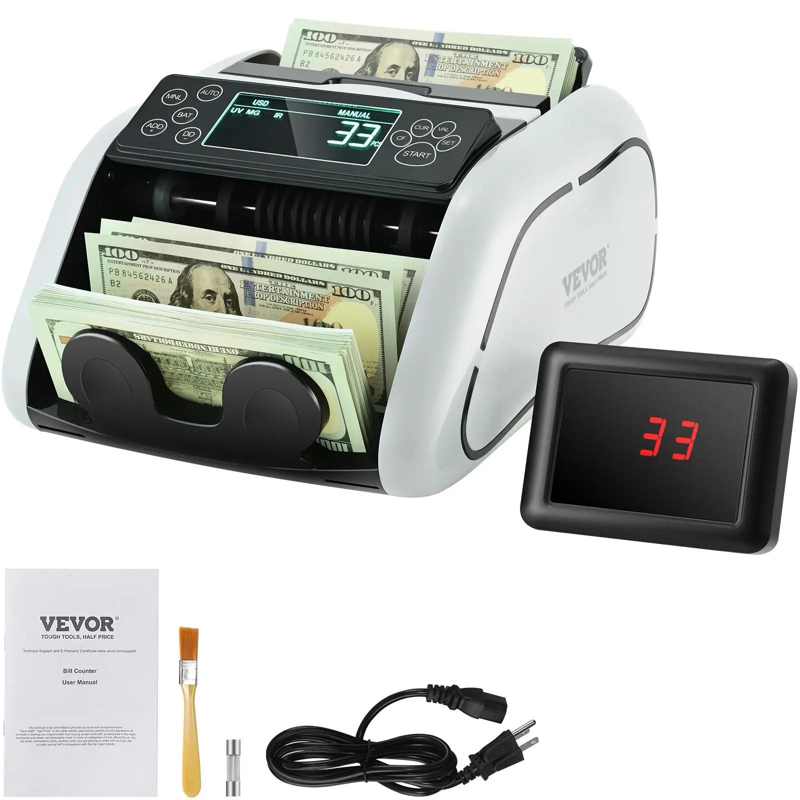 【Summerfinds】VEVOR Money Counter Machine, Bill Counter with UV, MG, IR and DD Counterfeit Detection, USD & EUR Cash Counting Machine with Large LCD & External Display for Small Business