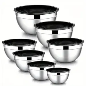 Stainless Steel Mixing Bowl Set, Bowl with Lid & Non-slip Silicone Bottom, Kitchen Food Mixing Bowl Set for Mixing, Storing, Baking