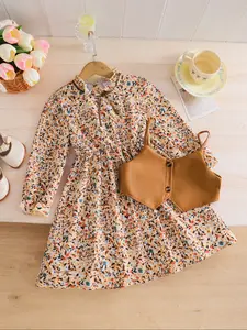 Girls' Fashion Halter Vest Top + Ruffled Collar Long Sleeve Dress Set, Floral Print Set, Spring Autumn Winter, Casual Party Holiday Gift, 4-8 Years