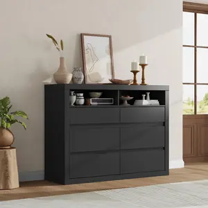 Garvee 6 Drawer Dresser, Modern Wooden Chest of Drawers with 2 Open Shelves, 47 Inch Wide Double Dresser for Bedroom, Living Room, Closet Storage