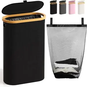 Slim Laundry Hamper with Lid, 60L Small Laundry Basket with Handles&Removable Bag, Thin Dirty Clothes Hampers for Laundry, Narrow Laundry Hampers for Bedroom Aesthetic, Black