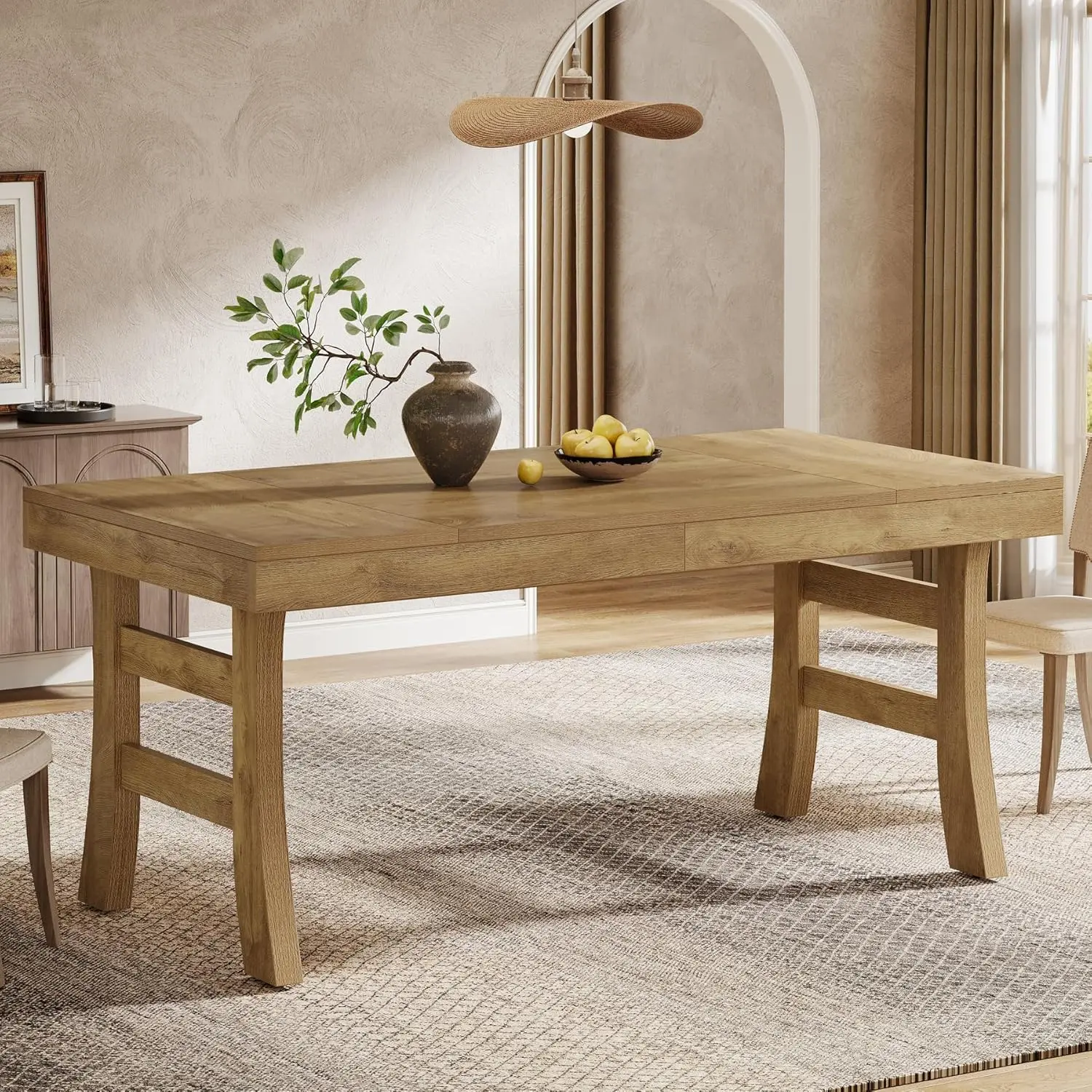 LITTLE TREE 63-Inch Dining Table for 4-6 People, Farmhouse Rectangular Large Kitchen Dinner Eating Table with Sturdy Legs for Home Kitchen, Dining Room, Light Brown