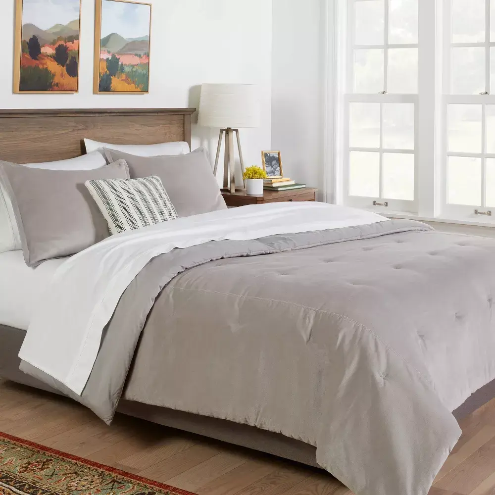 Full/Queen Velvet Comforter and Sham Set Gray - Threshold: Luxurious Bedding Set OEKO-TEX Certified