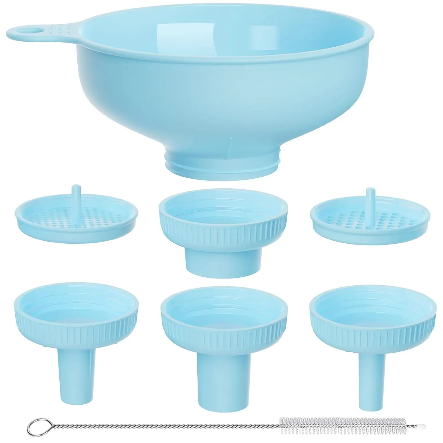Wide Mouth Versatile Funnel, Canning Funnels for Kitchen Use,  Grade Plastic Cooking Funnel Set with 4 Size Spouts and 2 Strainers for Filling Different Bottles and Bags, Blue