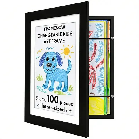 Framenow Magnetic Border MDF Kids Art Frame - Classic Rectangular Frame, Front-Open Access A4/8.5*11in, Wall/Tabletop Mountable, Holds 100+ Pieces, Home Decor Items, Build Mini Gallery/Custom Mini Photo Museum, Playroom Gift, Multiple Packs Compatible