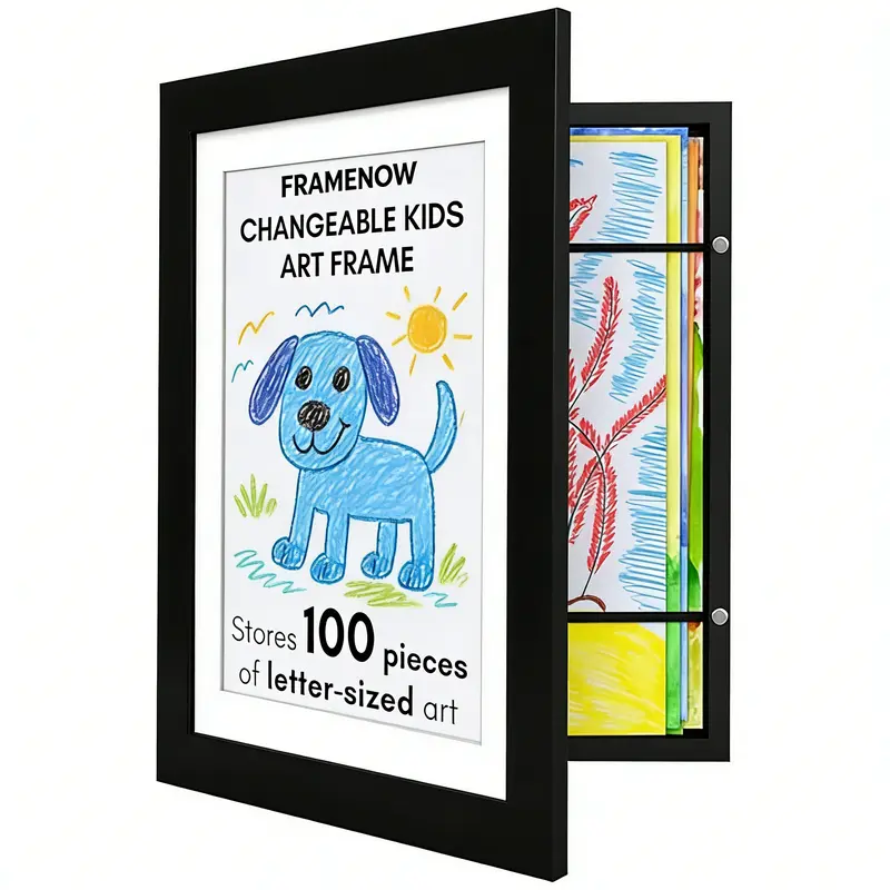 Framenow Magnetic Border MDF Kids Art Frame - Classic Rectangular Frame, Front-Open Access A4/8.5*11in, Wall/Tabletop Mountable, Holds 100+ Pieces, Home Decor Items, Build Mini Gallery/Custom Mini Photo Museum, Playroom Gift, Multiple Packs Compatible