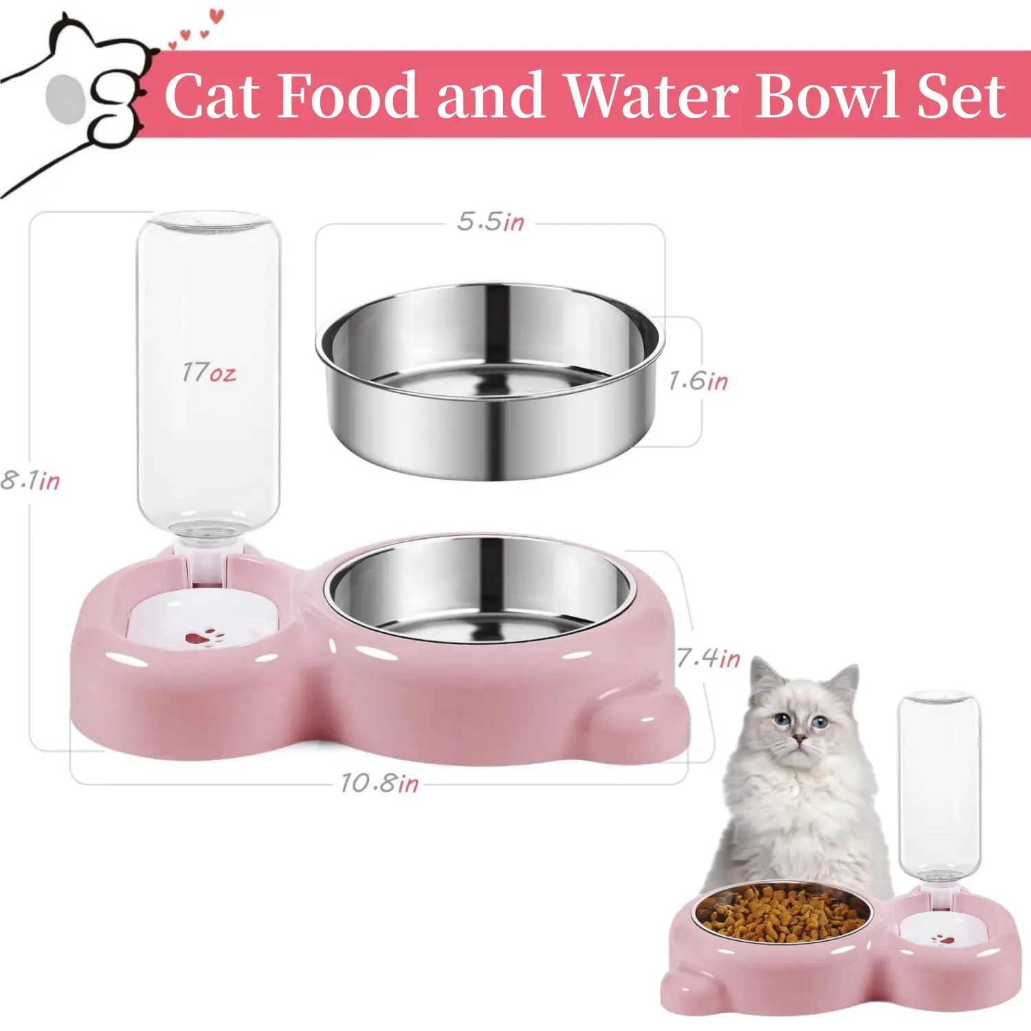 Dog Bowls, Cat Food and Water Bowl Set with Water Dispenser and Stainless Steel Bowl for Cats and Small Dogs - Grey
