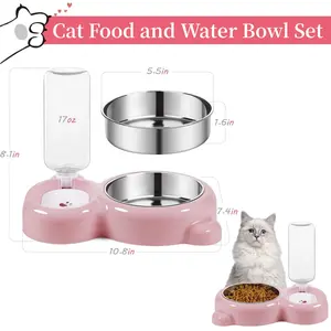 Dog Bowls, Cat Food and Water Bowl Set with Water Dispenser and Stainless Steel Bowl for Cats and Small Dogs - Grey