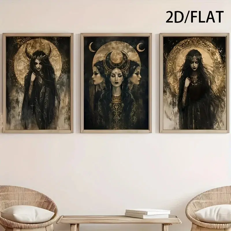 3pcs Frameless Hecate Triple Moon Goddess Posters - Witchcraft Pagan Mystical Wall Art Print, Unframed Wall Art, Black & Golden Gothic Decor