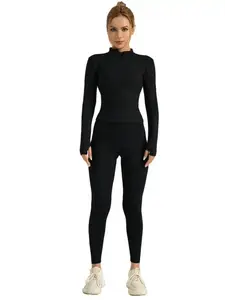 Two-piece Set Women's Solid Zip Up Mock Neck Sports Jacket & High Waist Leggings Set, Sporty Breathable Quick Drying Outfits for Yoga Gym Workout Running, Valentine's Day Gift for Girl, Ladies Sportswear for All Seasons, Tracksuit Set