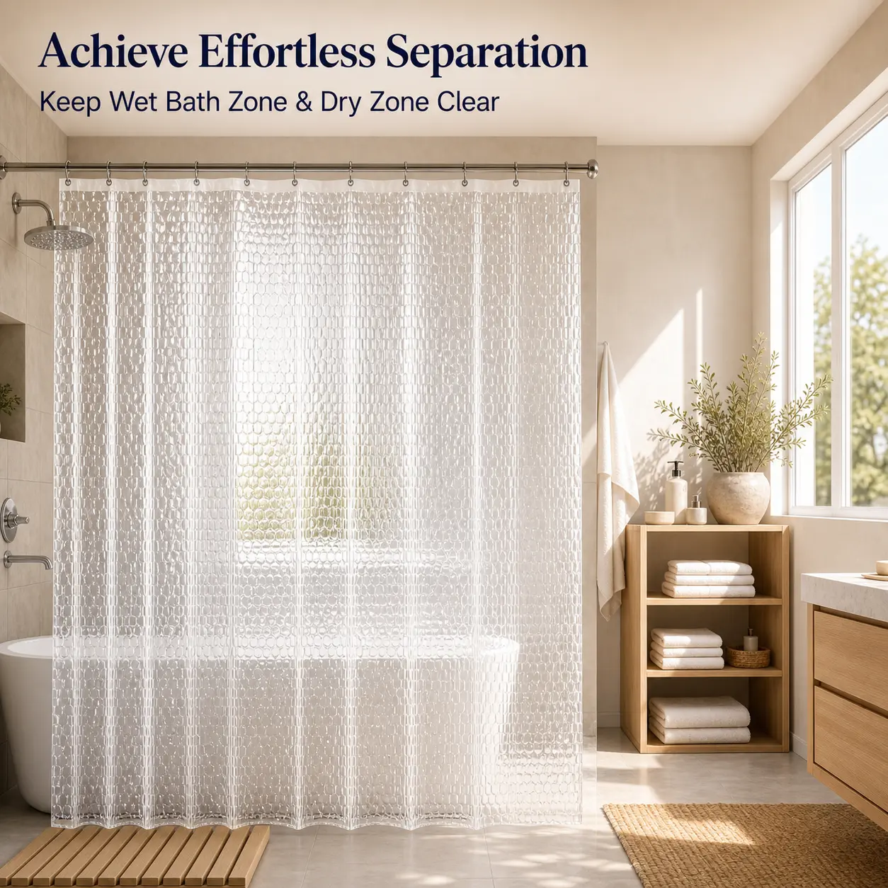 Translucent 3D Geometric Straight Modern Water Cube Shower Curtain - Waterproof Rust-Proof Home Bathroom Partition, Metal Buttonholes, Plastic Hooks, for Modern Home Decor & Bathroom Supplies