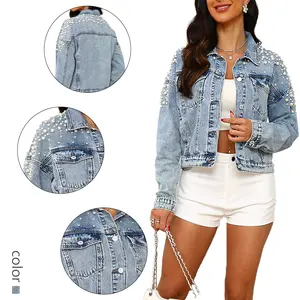 Women's Fashion Pearl Denim Jacket - Light Blue Jean Jacket with Embellished Shoulders