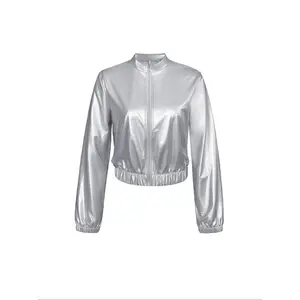 Women’s silver liquid metal jacket, casual fashion outerwear for autumn and winter, stylish ladies’ coat for daily wear