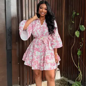 Spring Summer Clothes Fashion Flower Printed Women Dress Flare Sleeve Ruffles Lace Up Beach Dress
