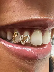 Double Heart Copper Zirconia Teeth Grills, Hip Hop Style Tooth Decorations, Unique Trendy Dental Accessories, Fashionable Mouth Jewelry, Tooth Gem