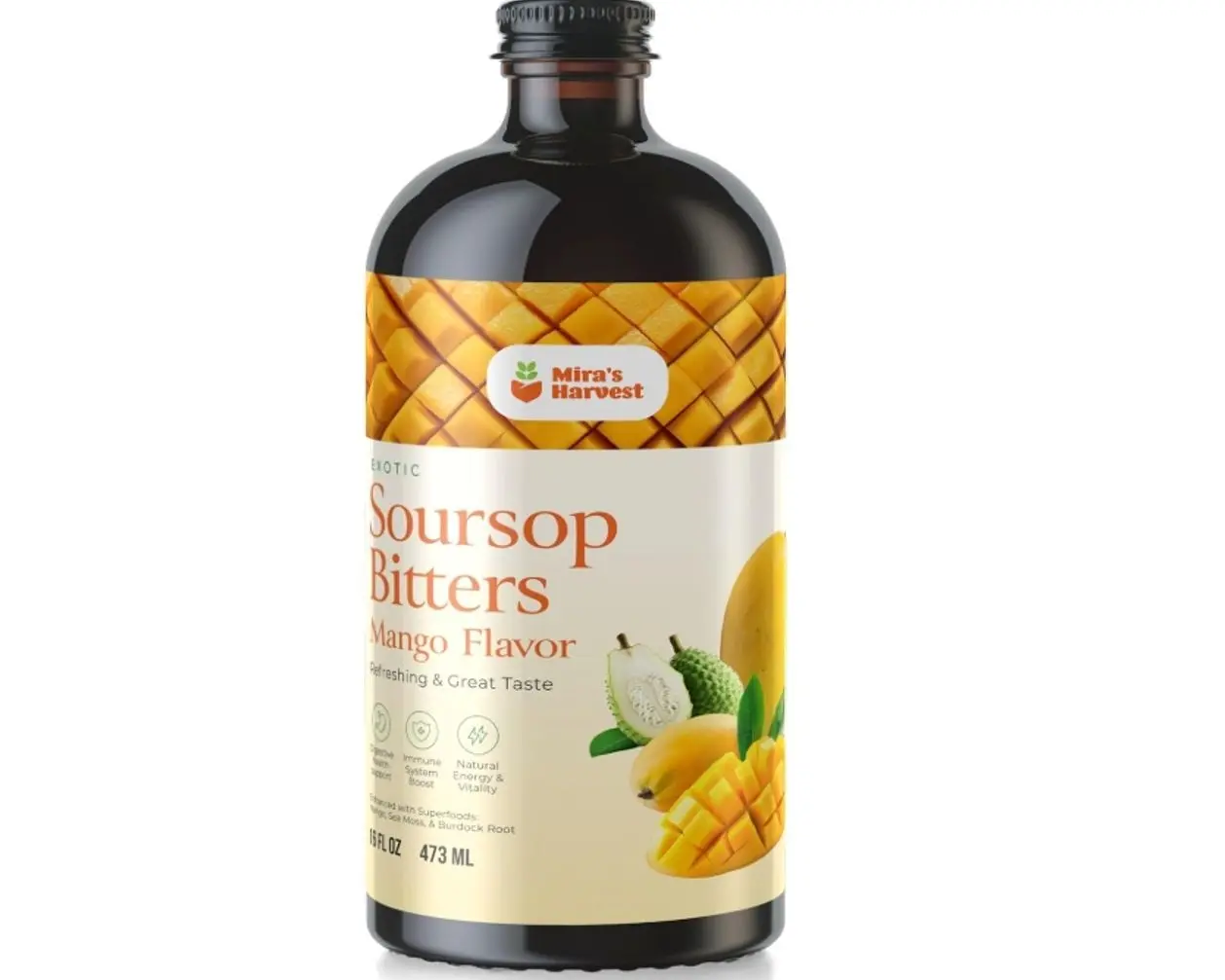 Mira's Harvest Soursop Bitters Liquid Mango Flavor, Premium Grade For Immune Boost, with Irish Moss, Burdock Root, African Mango 16oz