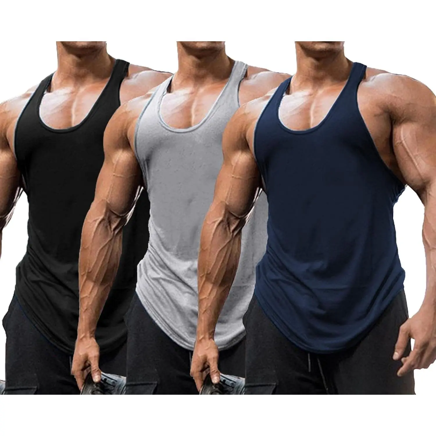 Men's 3 Pack Y-Back Stringer Tank Tops, Polyester Spandex Muscle Tees for Gym, Workout, and Bodybuilding, Activewear, Athletic Apparel, Gym Wear, Male