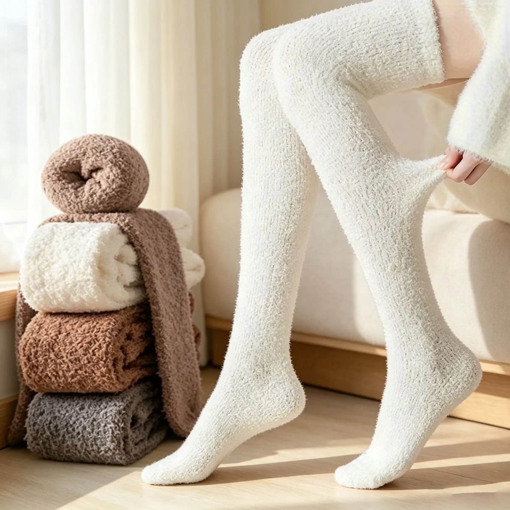 2 pairs Women's Plush Over-the-Knee Winter Thermal Socks - Soft Cozy Long Knee-High Warmth, Beige/Brown/Gray/White, Machine Washable for Home, Bed & Couch - Ideal Gift for Cold Weather & Housework (Autumn/Winter)
