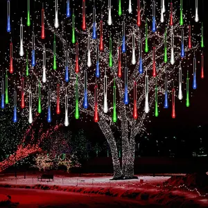 Icicle Christmas Lights Outdoor, Cascading Meteor Shower Lights for Xmas Tree Decor Wedding Party, Christmas Outdoor Decorations, 8-Tube, UL Plug Multi Colored