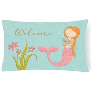 212 MAIN Rectangular Fade-Proof Indoor-Outdoor Decorative Furniture Pillow, Mermaid-Theme Design with Cat Welcome Print, Indoor-Outdoor Decorative Pillows