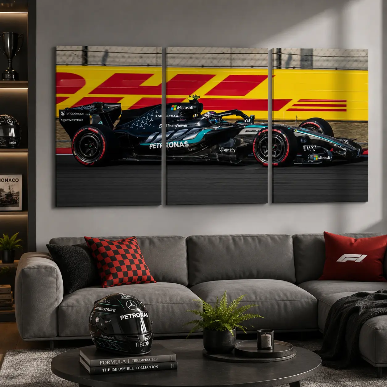 Mercedes AMG Petronas F1 Racing Car Canvas Wall Art - 3-Panel Contemporary Modern Formula 1 Print, Black Motorsport Decor for Home Office, Indoor Bedroom, Living Room, Decoration, Indoors