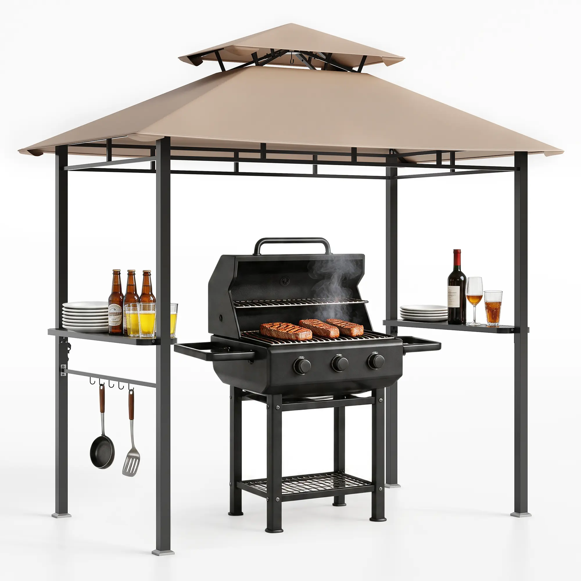 8x5 ft Heavy Duty Hardtop Grill Gazebo with Double Galvanized Steel Roof, Vented Canopy, Built-in Metal Side Shelves, Hooks, Steel Frame, Ground Stakes for Patio, Garden, Backyard Outdoor BBQ Shelter