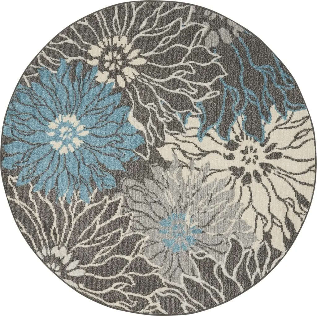 HomeRoots 360 Stand 4 ft. Round Charcoal & Blue Large Floral Area Rug - Power-Loomed, Vivid, Soft-Textured, Transitional, Indoor, Decorative, Circle, Blue, Large-Scale Rugs, Decorative Rugs, Floral Area Rugs