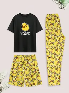 Men's Spring & Fall Homewear Set, Casual Comfort Fitted Pure Top with Small Duck Print, Men's Pjs Sleepwear Set, Loungewear Pajama Outfit Matching Pants, Matching Pyjamas