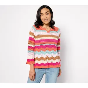 LOGO by Lori Goldstein 3/4-Sleeve Wave Crochet Sweater