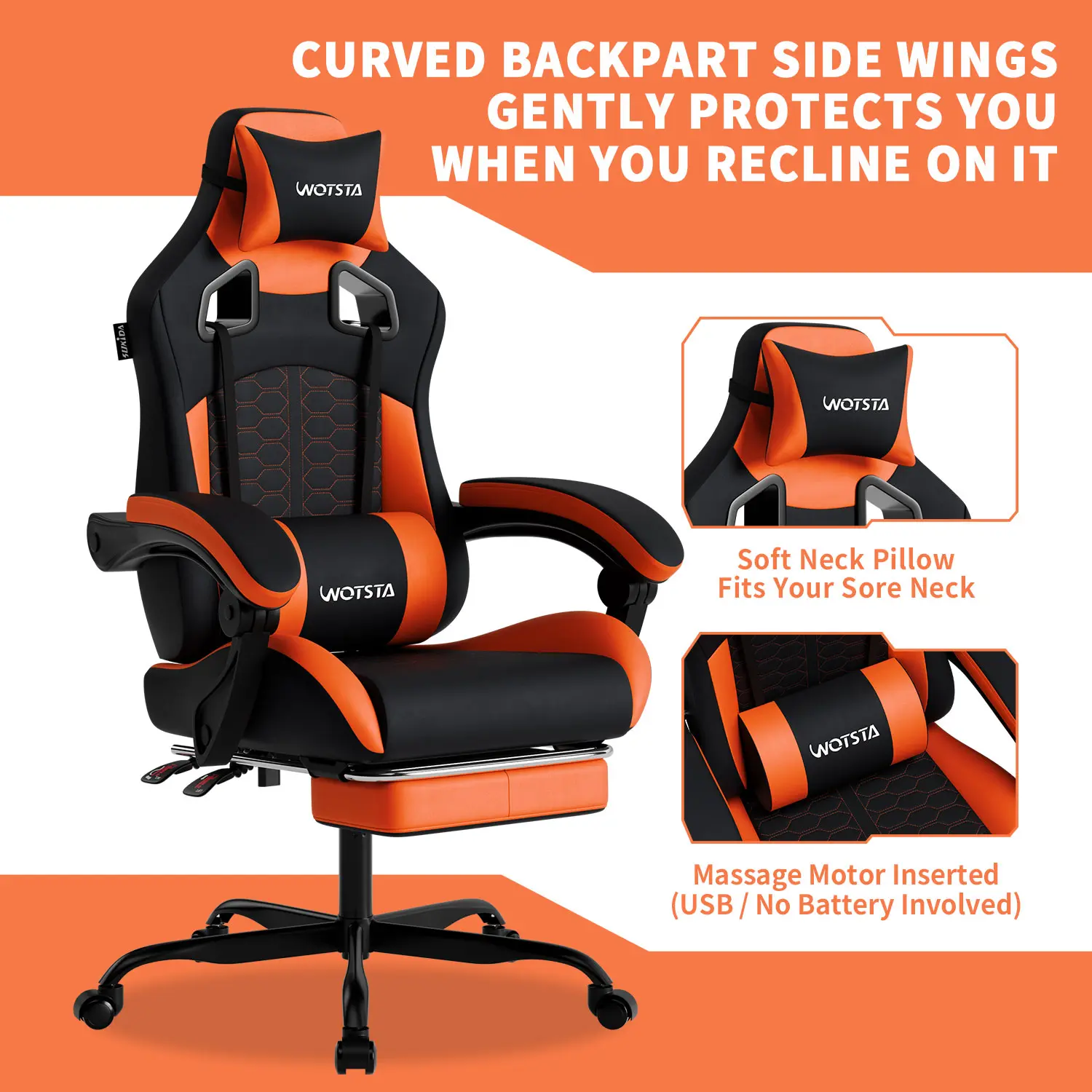 WOTSTA Gaming Chair, Men's Home Use Adjustable Height Office Chair with Armrests, Equipped with Memory Foam Lumbar Pillow, Modern Ergonomic Gaming Chair Recliner