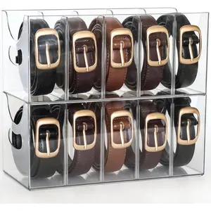 Belt Organizer - 2 Pack Clear Stackable Belt holder For Closet Drawer Storage - 5 Compartments with Removable Dividers, Multi-Purpose Display Bins With Inserts For Ties,Socks,underwear (2)