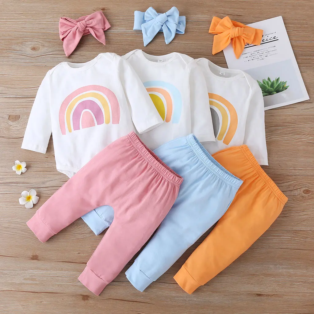 Baby Girl Gift Set, 3-Piece Casual Cotton Outfit with Long Sleeve Rainbow Print Onesie, Pants, and Headband, Toddler Autumn Clothes, Onesies Baby Girls Gift Sets