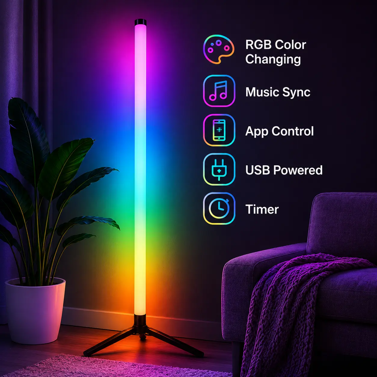 RGB Corner Floor Lamp, Smart LED Standing Light with Music Sync & App Control, Color Changing Ambient Light for Gaming Room and Bedroom