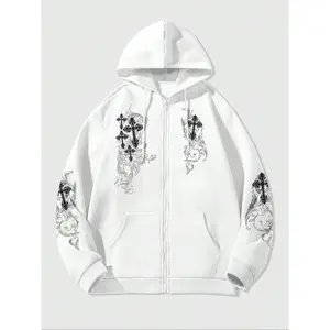 Men's Regular Fit Cross & Floral Print Zip Up Hooded Jacket, Casual Preppy Style Long Sleeve Outerwear, Men's Clothes for Spring, Menswear