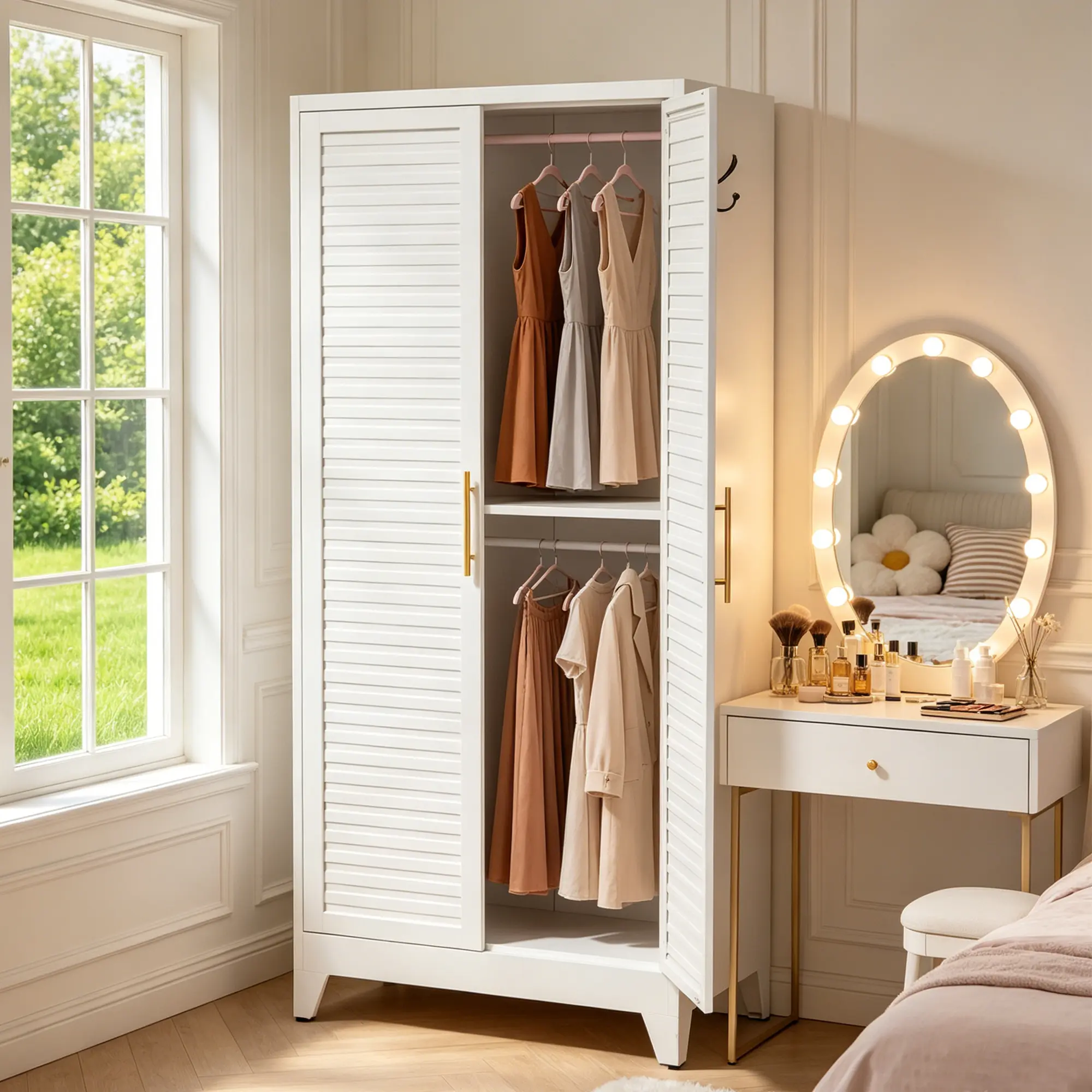 71" Freestanding Wardrobe Armoire with Adjustable Shelves | White Louvered Closet Organizer with Gold Handles | Anti-Rust Metal Clothing Cabinet for Bedroom & Walk-in Closet