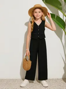 V-Neck Vest & Wide Leg Pants 2-Piece Set, Button Front Sleeveless Waistcoat, High Waist Trousers, Sophisticated for Girls