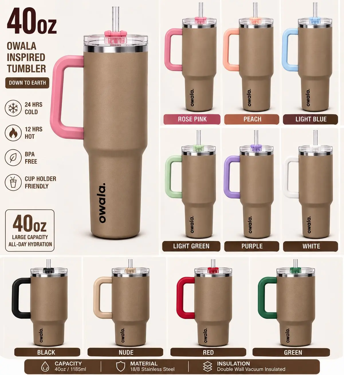 Brown Owala 40oz Insulated Tumbler - Stainless Steel, Available in Purple, White, Black, Peach, Red, Green,..