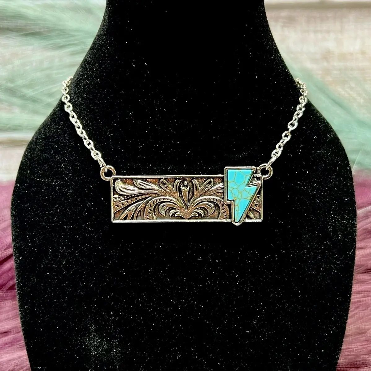 Rectangle Western Turquoise Lighting Bolt Floral Necklace