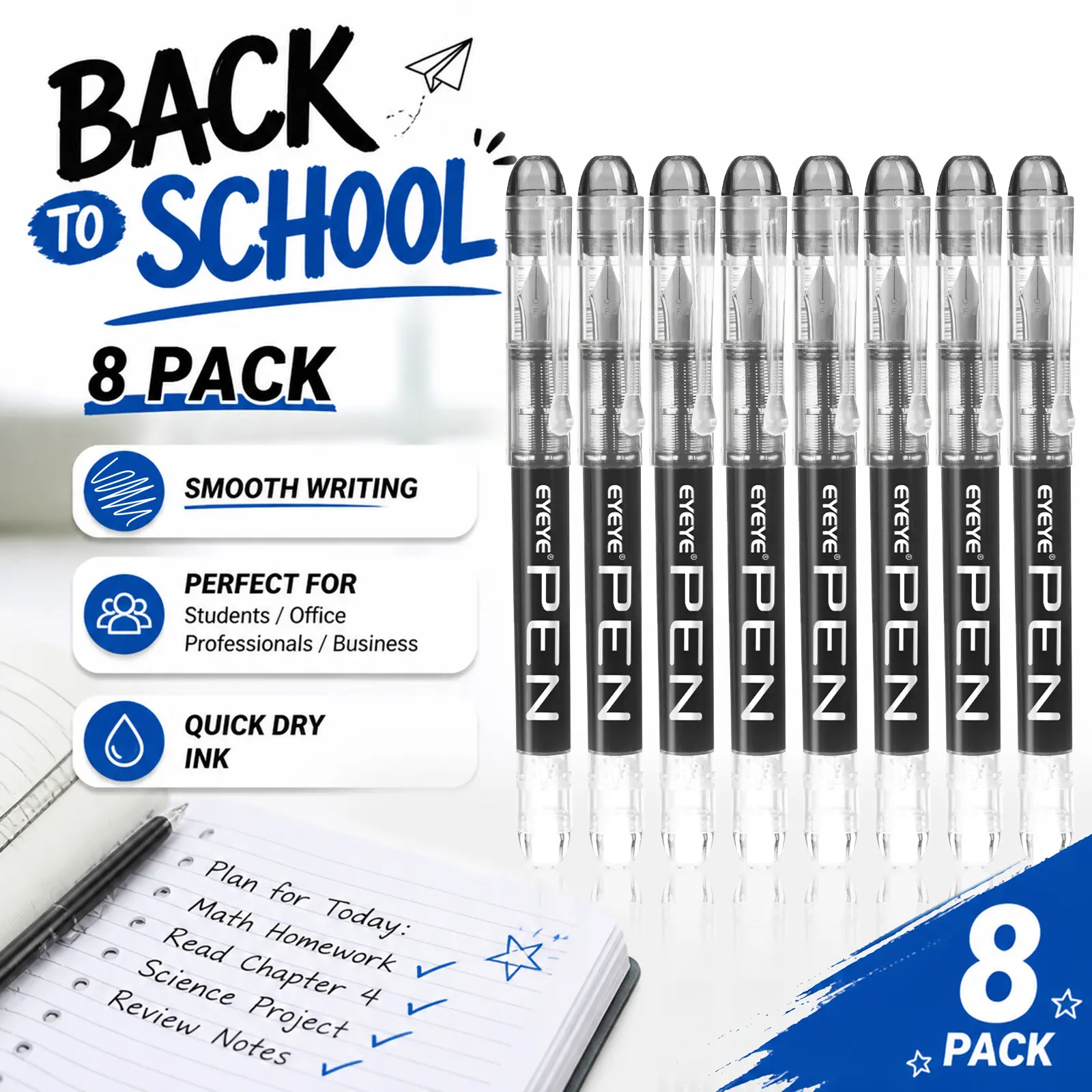 EYEYE Disposable Fountain Pens, 8 Pack Fine Point Stainless Steel Nib, Ink-Visible Smooth Writing Tool for Calligraphy & Office Supplies, Office Accessories, Father's Day Gift summerwins,summerwins,back to school,back to school shopping