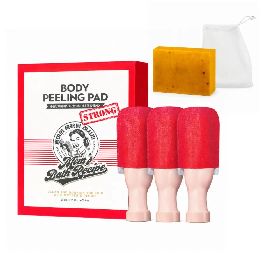 3PC/1 box Mom’s Bath Recipe /Korean Import Intense Exfoliating Body Peeling Pad & Bubble Body Wash-Scrub Gloves with Kelp & Biotics, Targets Dead Skin Cells, Goosebumps & Scaly Skin, 8 Sheets Exfoliating  glove,scrub brush,kojic turmeric face soap set