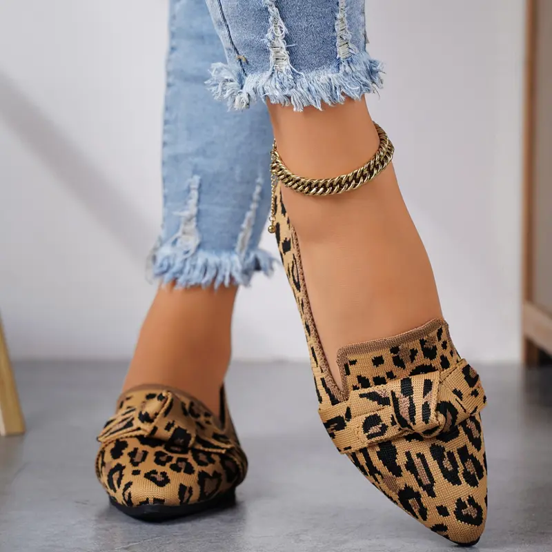 Women's Fashion Leopard Print Bow Decorated Slip on Moccasins, Casual Comfortable Pointed Toe Flat Shoes for Daily Wear, Lightweight Breathable Shoes for All Seasons, Slip on Flats, Casual Flat Footwear