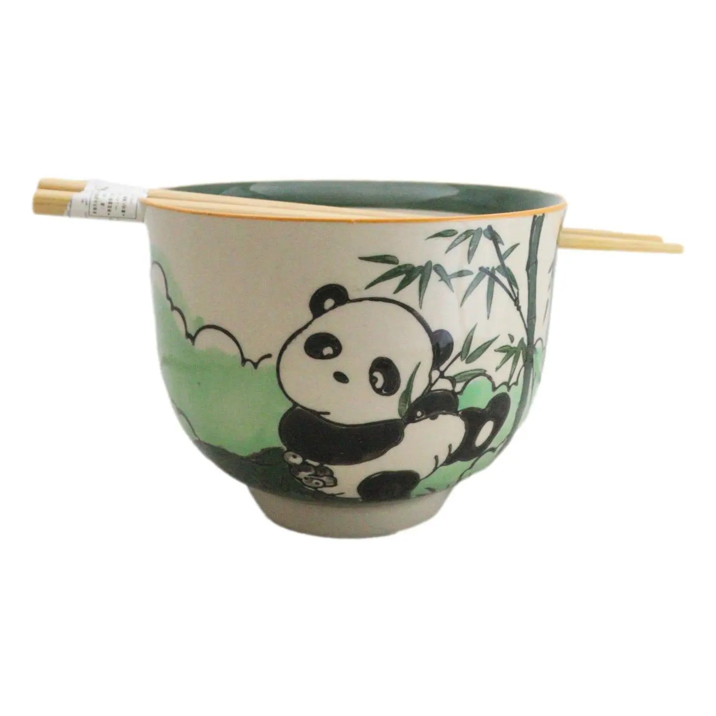 Bamboo Forest Green Panda Bear Ceramic Donburi Ramen Bowl With Chopsticks Set