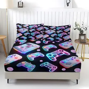 3-Piece Neon Game Controller Bed Set Fitted Sheet Set, Cyberpunk Style, Soft Skin-Friendly Fabric, Ideal for Gaming Rooms, Boys' Dorms, Comfortable & Stylish