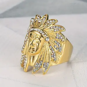 Fanshu Stainless Steel Gold-Plated Iced-Out Indian Chief Human Face Hip Hop Punk Rings - Men's & Women's Couple Gift Fashion Jewelry - Ideal for Parties, Everyday Wear