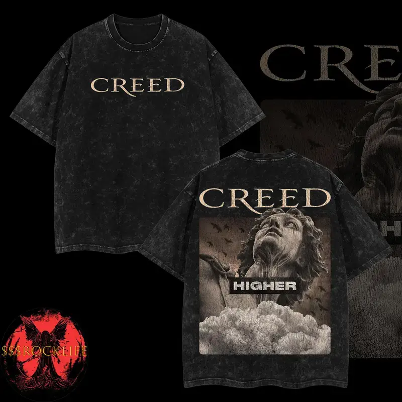 [$$$ROCKLIFE] Creed - Higher Washed T-Shirt, Human Clay Album Double Printed Oversized Music Band Washed Tee, Rock Band Double Printed Washed Hoodie, Gift For Band Fan Crewneck Casual Cotton Fabric Menswear