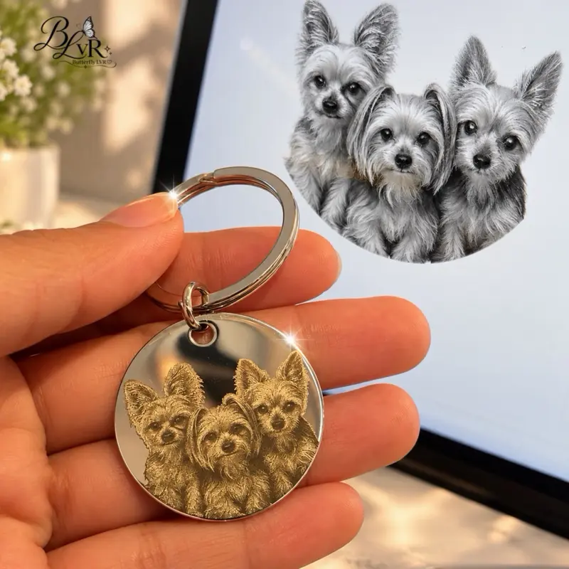 Personalized Pet Photo Keychain, Custom Dog Portrait Keychain, Engraved Pet Keyring, Pet Memorial Gift, Dog Mom Gift