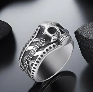 Vintage Gothic Skull Rings for Men Keep Going Stainless Steel Band Silver Color Skeleton Cocktail Party Biker Jewelry Size 8-13