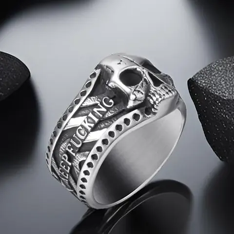 Vintage Gothic Skull Rings for Men Keep Going Stainless Steel Band Silver Color Skeleton Cocktail Party Biker Jewelry Size 8-13