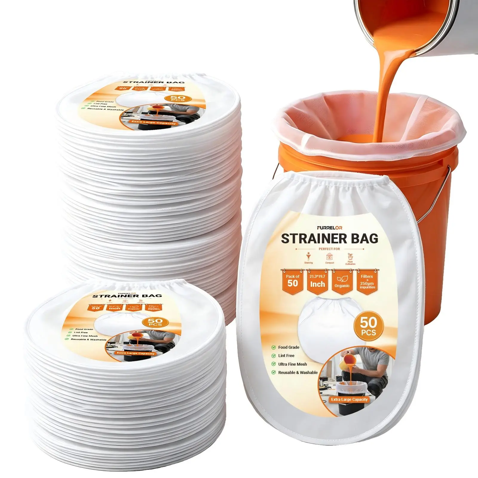 Strainer Bags for 5 Gallon Buckets,50 PCS Filter Bag With Nylon Fine Mesh,Washable & Reusable,Suitable for Paint,Juicing,Tea,Cold Brew Coffee,Honey Filter,Gardening - FURRELOR